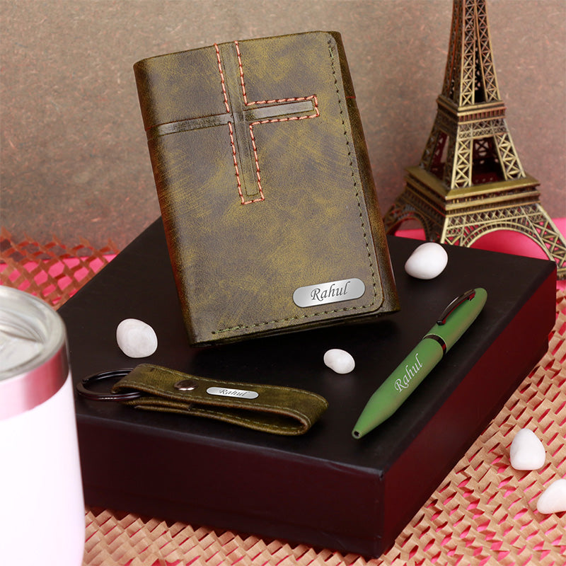 Buy Leather Wallet Keychain & Pen Combo for Men at