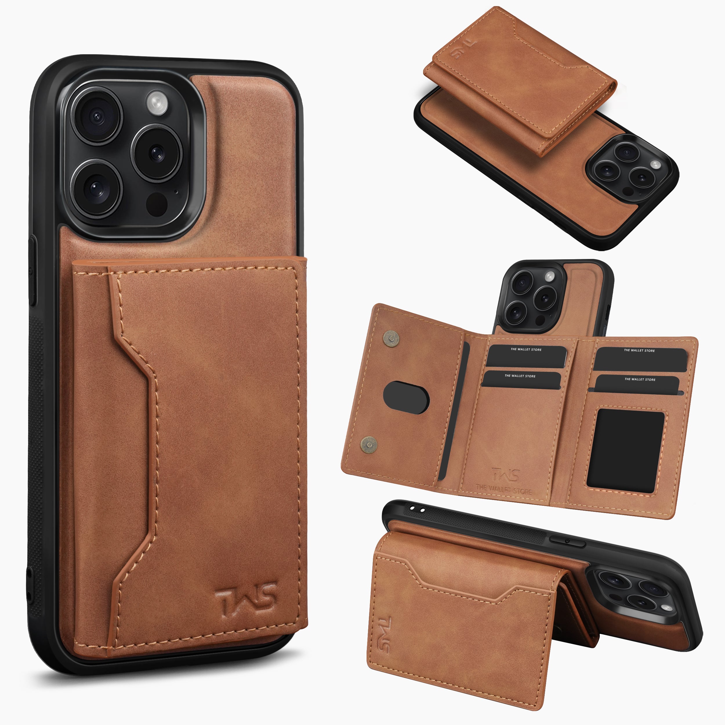 Premium Leather iPhone 15 Case Cover With Detachable Cardholder - Tan