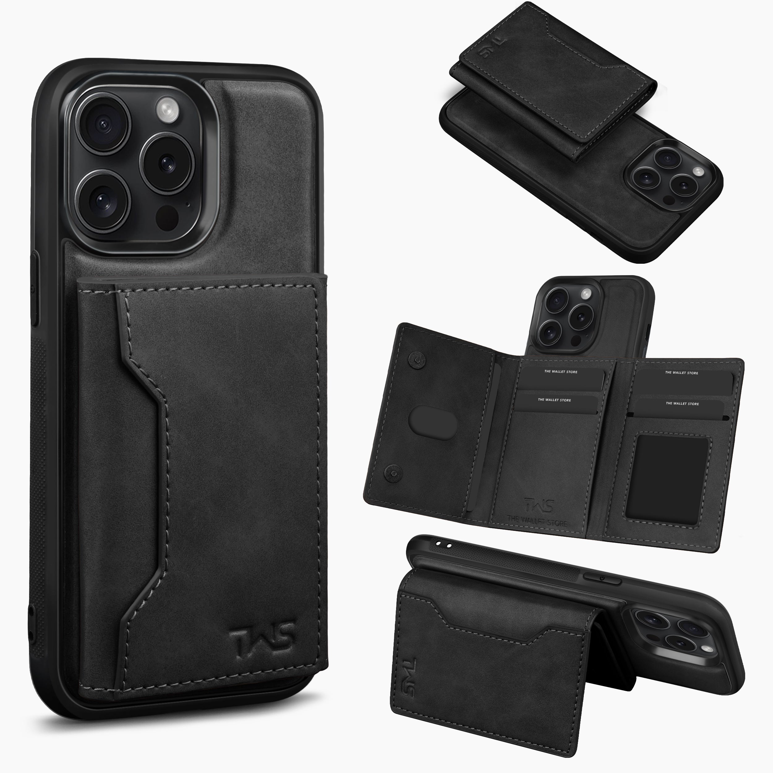 Premium Leather iPhone 15 Case Cover With Detachable Cardholder - Black