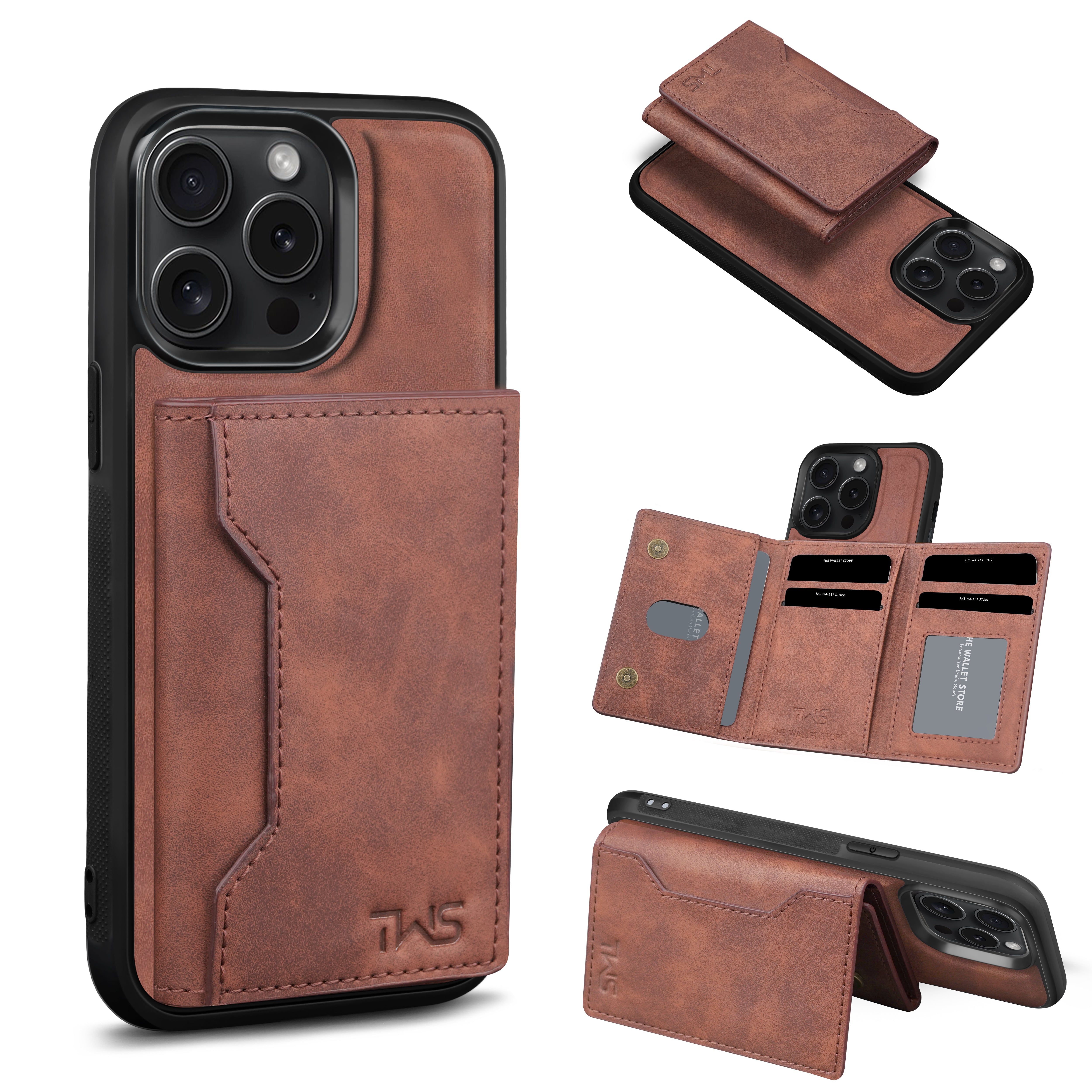 Premium Leather iPhone 15 Case Cover With Detachable Cardholder - Brown