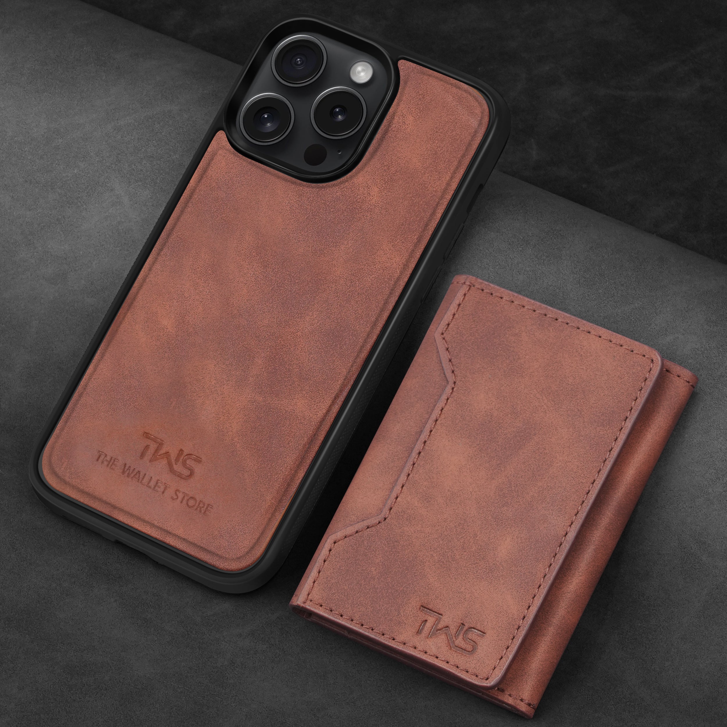 Premium Leather iPhone 15 Case Cover With Detachable Cardholder - Brown