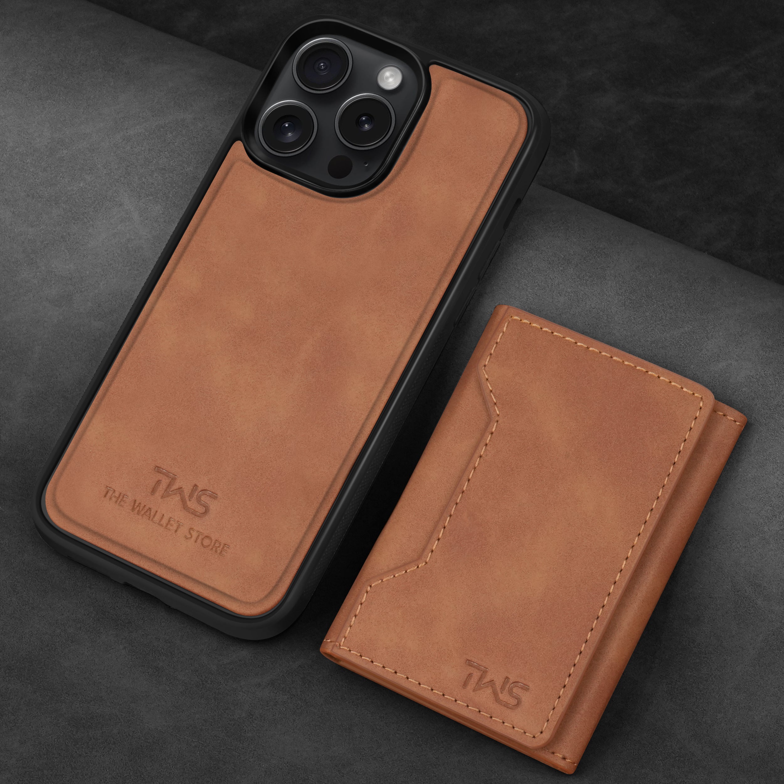 Premium Leather iPhone 15 Case Cover With Detachable Cardholder - Tan