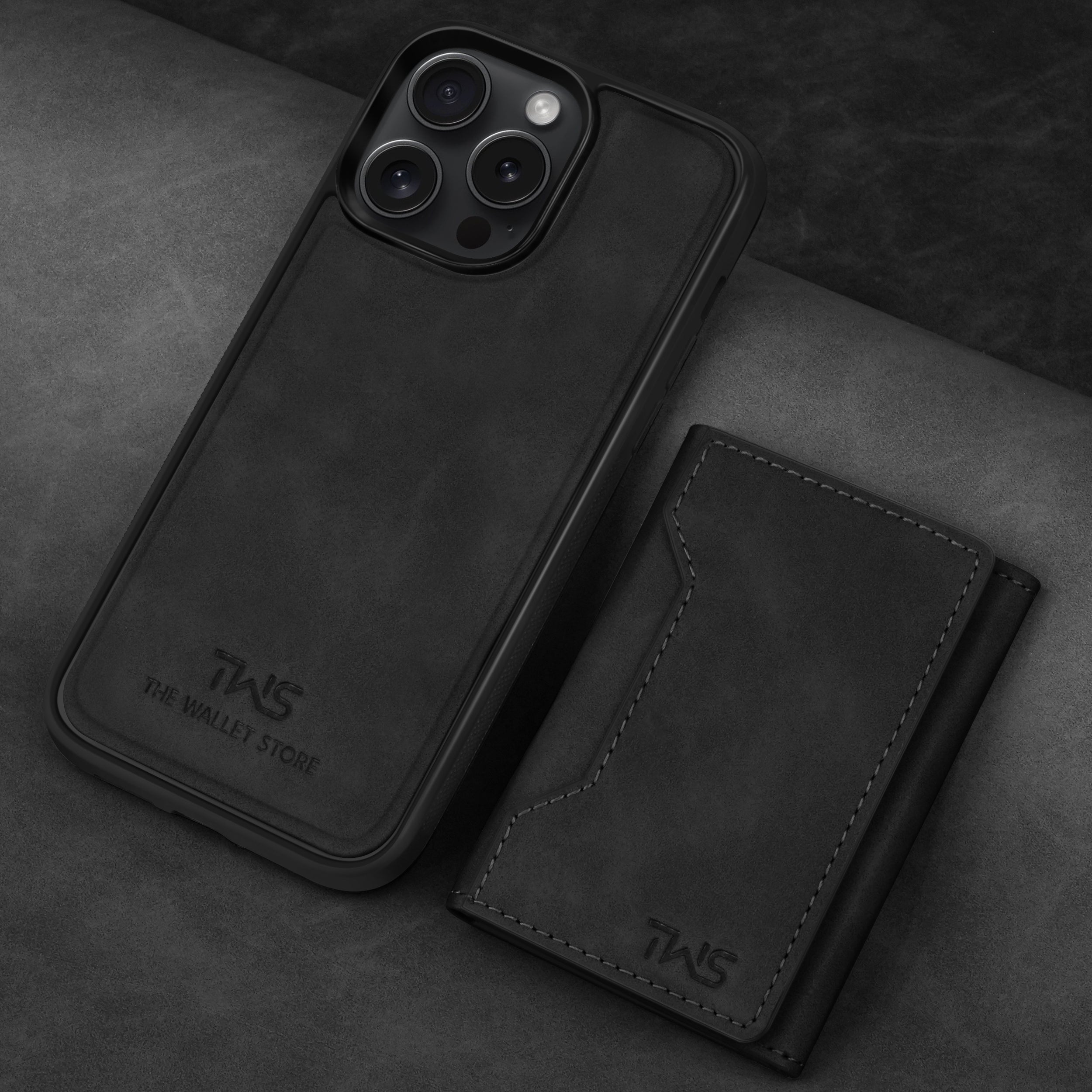 Premium Leather iPhone 15 Case Cover With Detachable Cardholder - Black