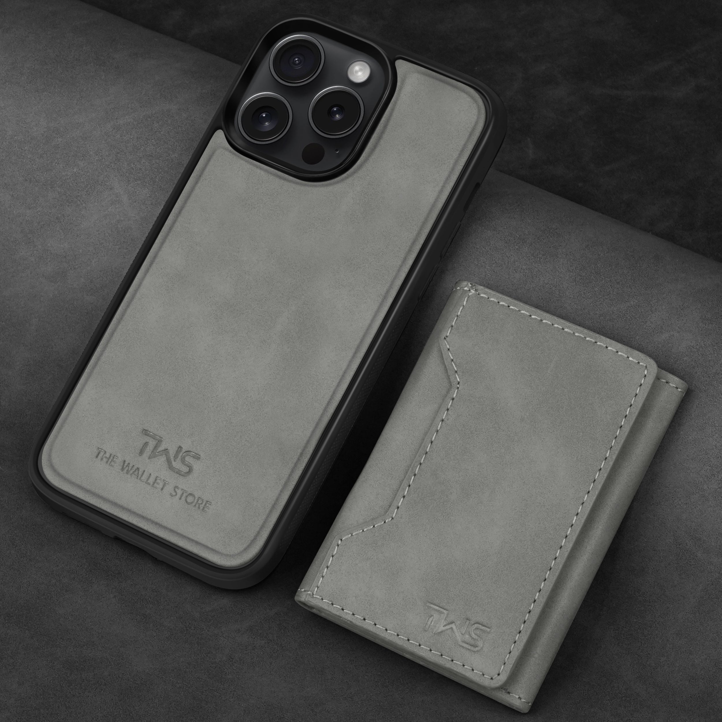 Premium Leather iPhone 15 Case Cover With Detachable Cardholder - Grey