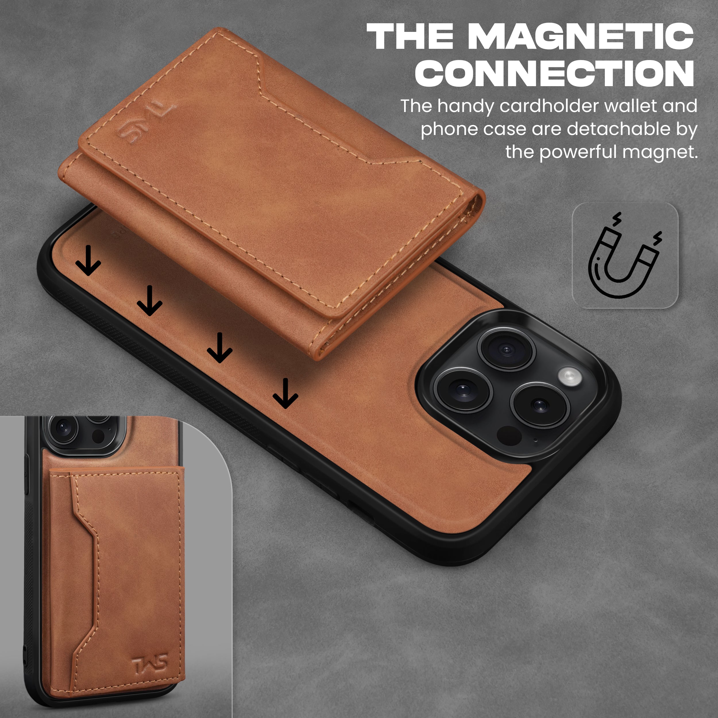 Premium Leather iPhone 15 Case Cover With Detachable Cardholder - Tan