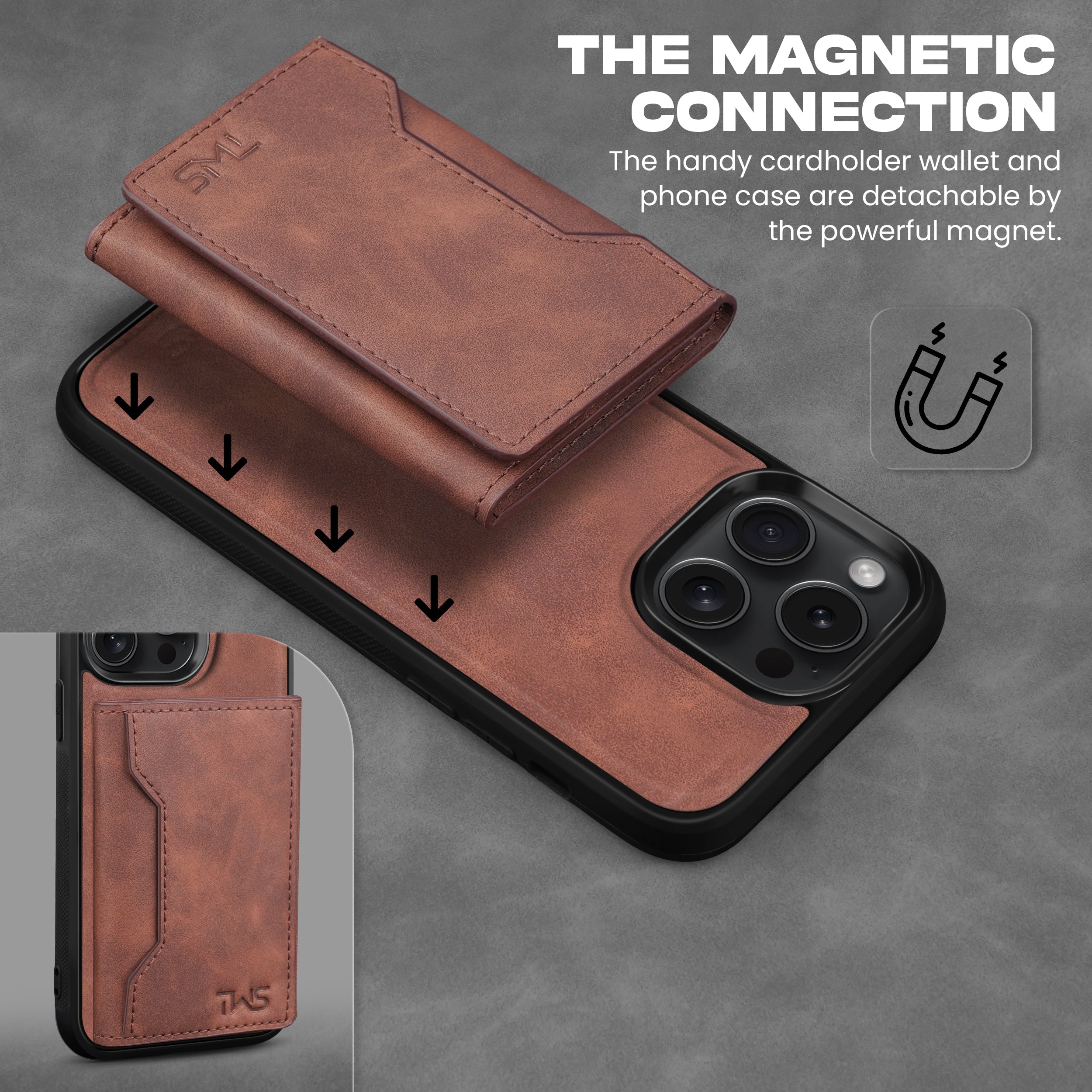 Premium Leather iPhone 15 Case Cover With Detachable Cardholder - Brown