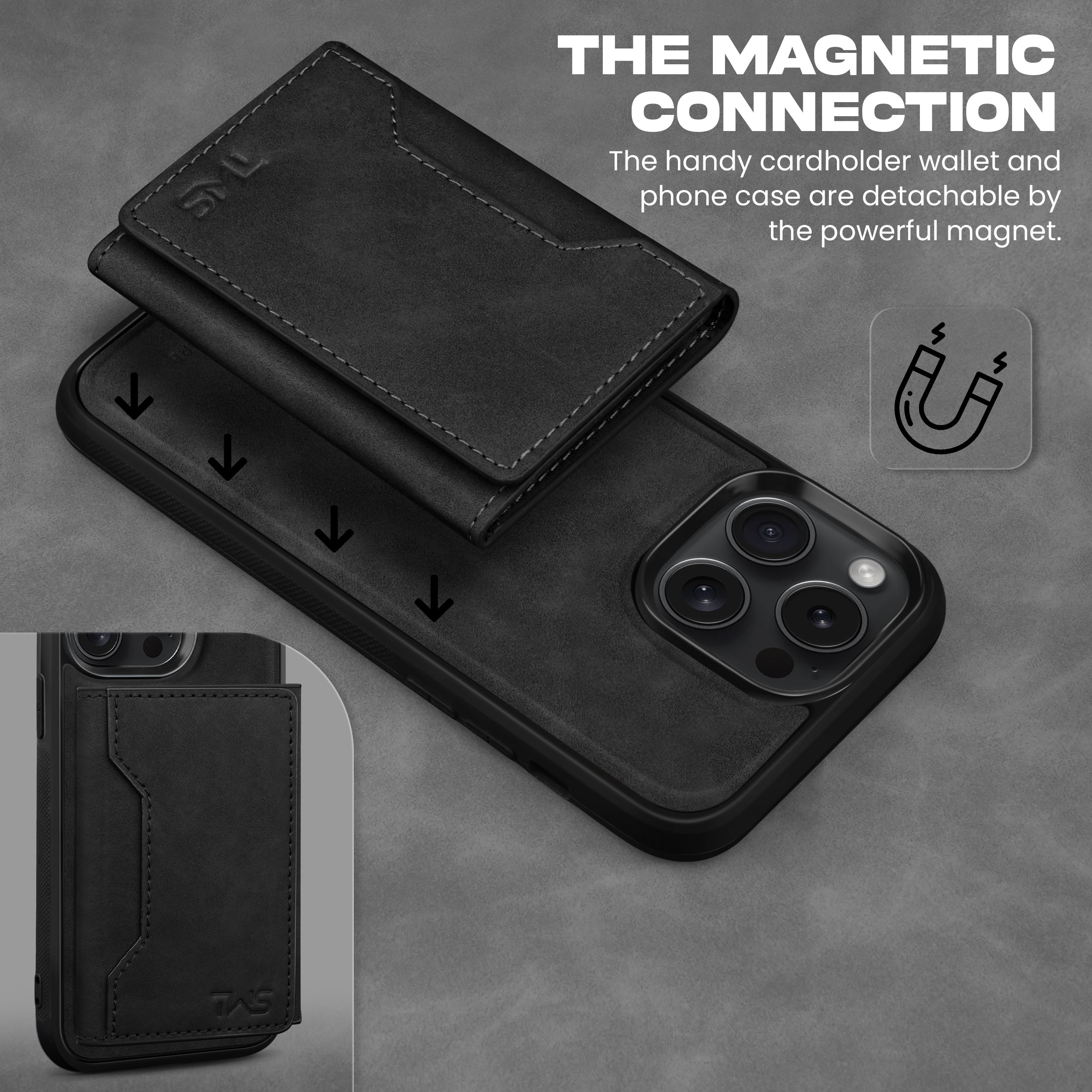 Premium Leather iPhone 15 Case Cover With Detachable Cardholder - Black