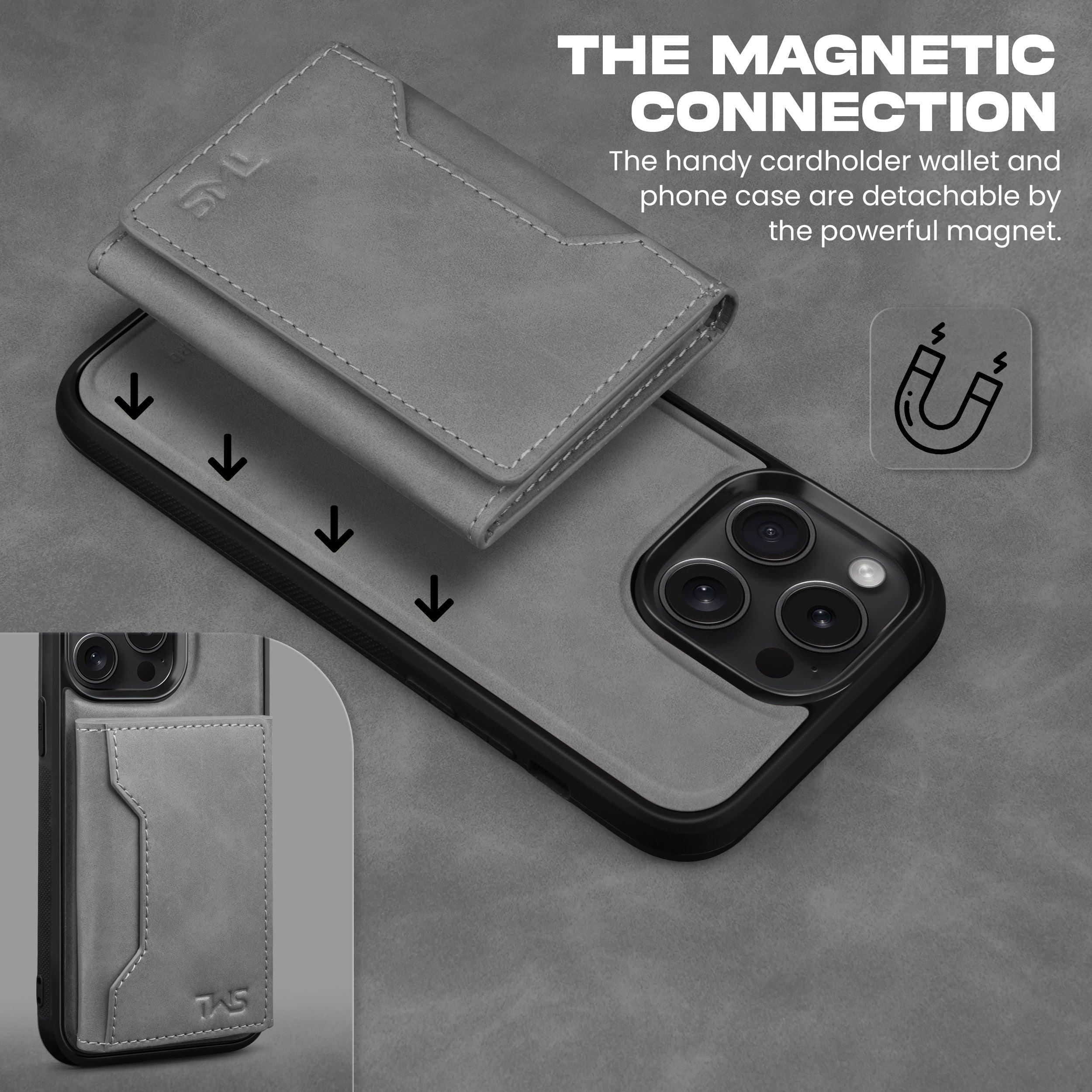 Premium Leather iPhone 15 Case Cover With Detachable Cardholder - Grey