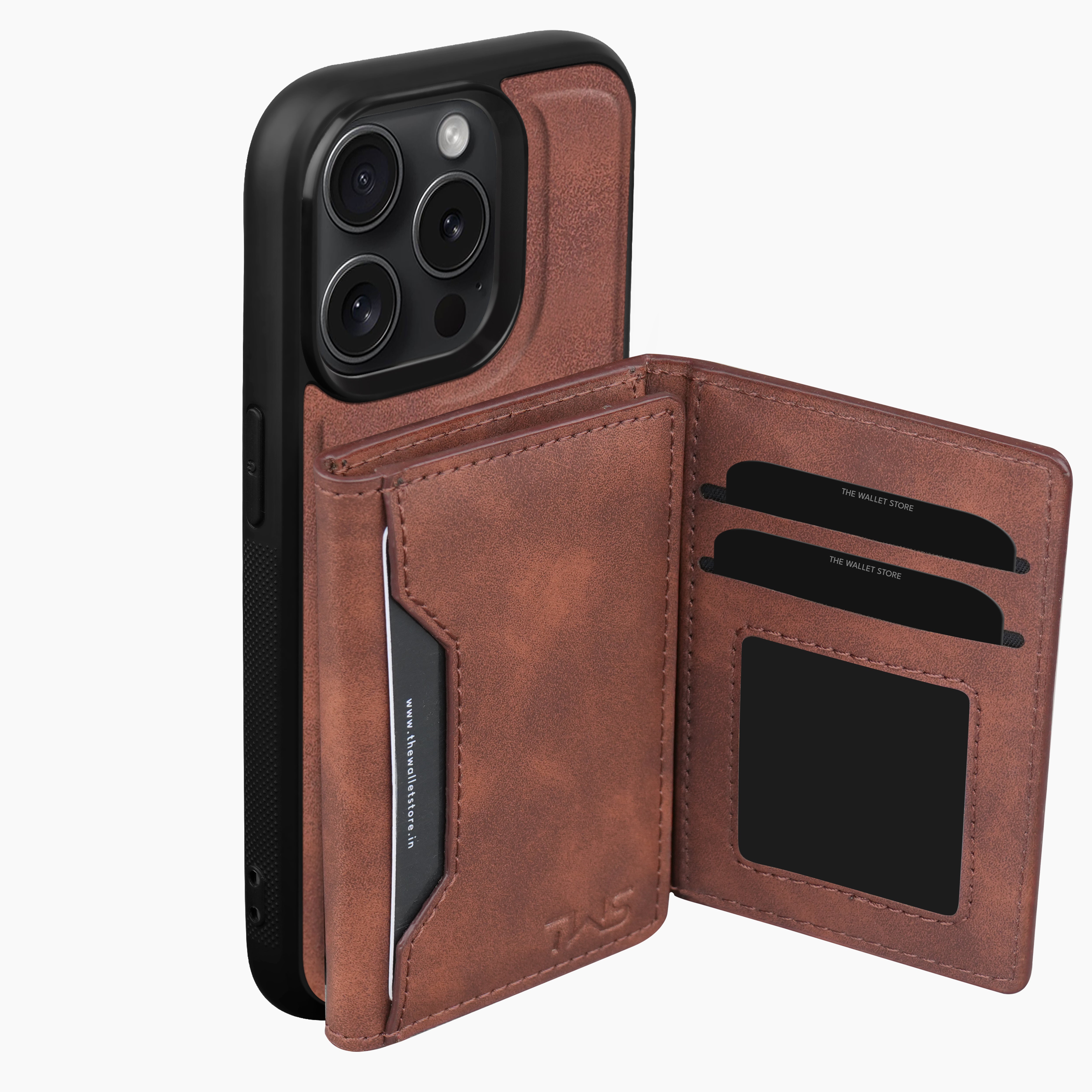 Premium Leather iPhone 15 Case Cover With Detachable Cardholder - Brown