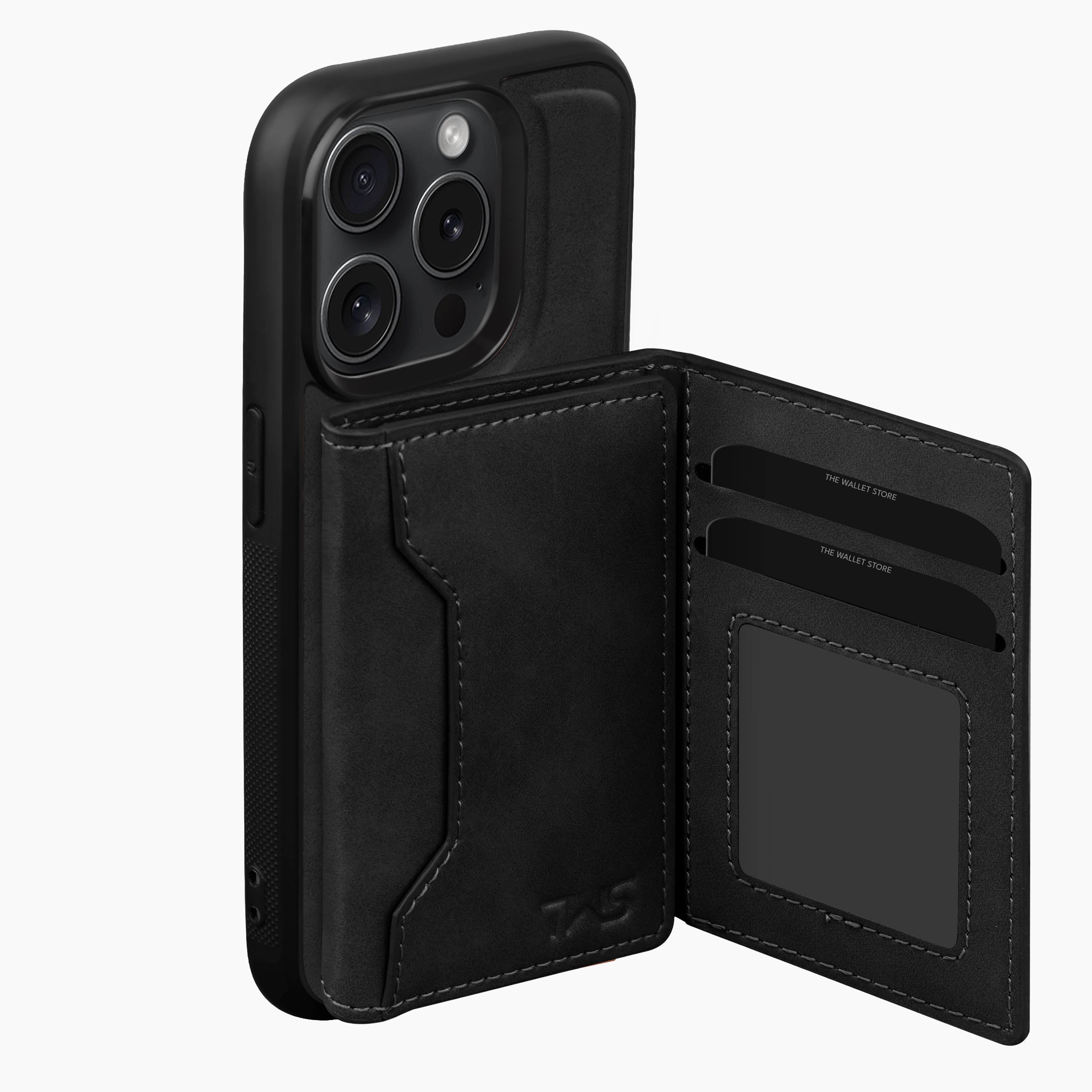 Premium Leather iPhone 15 Case Cover With Detachable Cardholder - Black