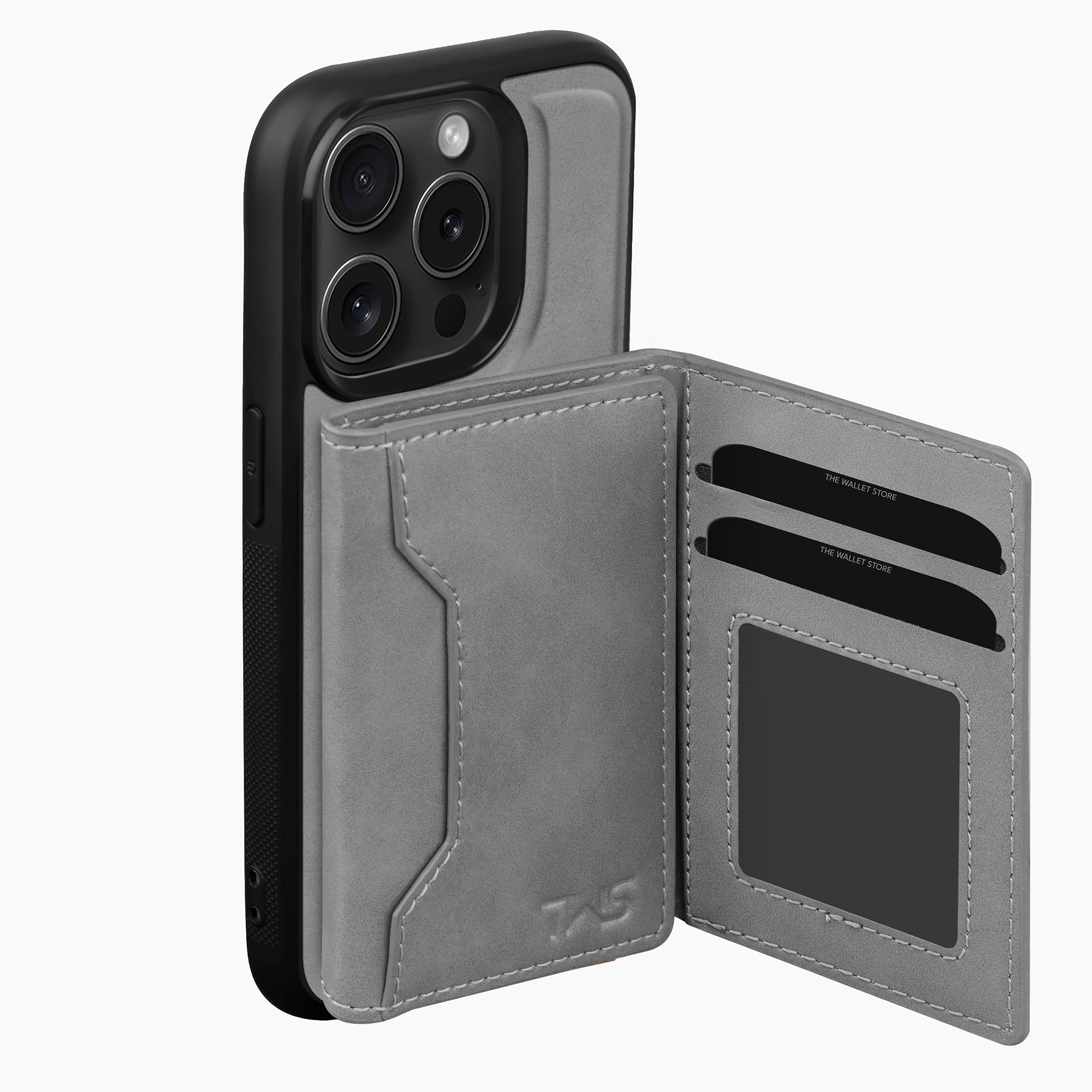 Premium Leather iPhone 15 Case Cover With Detachable Cardholder - Grey