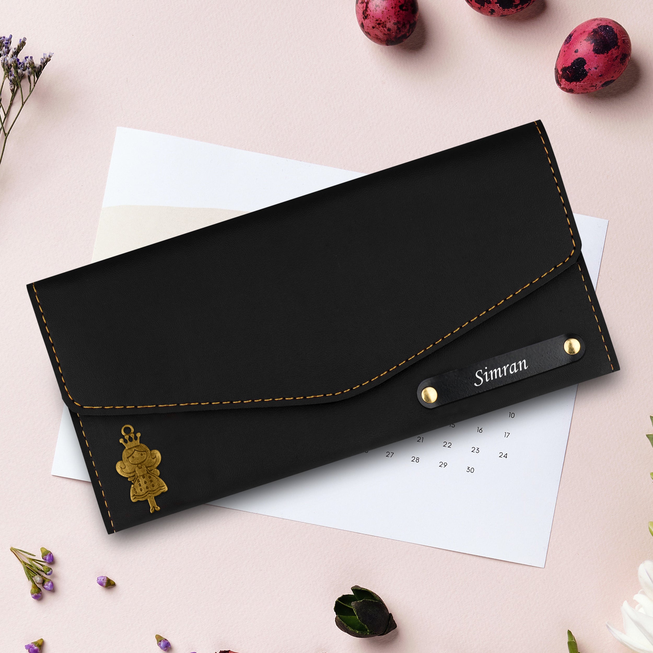 Personalized Charmed Essence Envelope Clutch With Name & Charm - Black