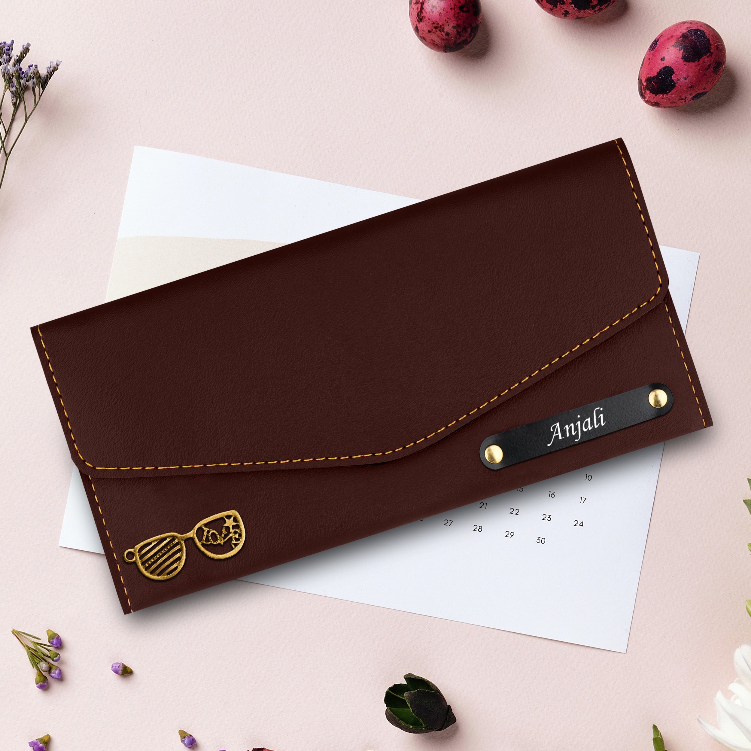 Personalized Charmed Essence Envelope Clutch With Name & Charm - Brown