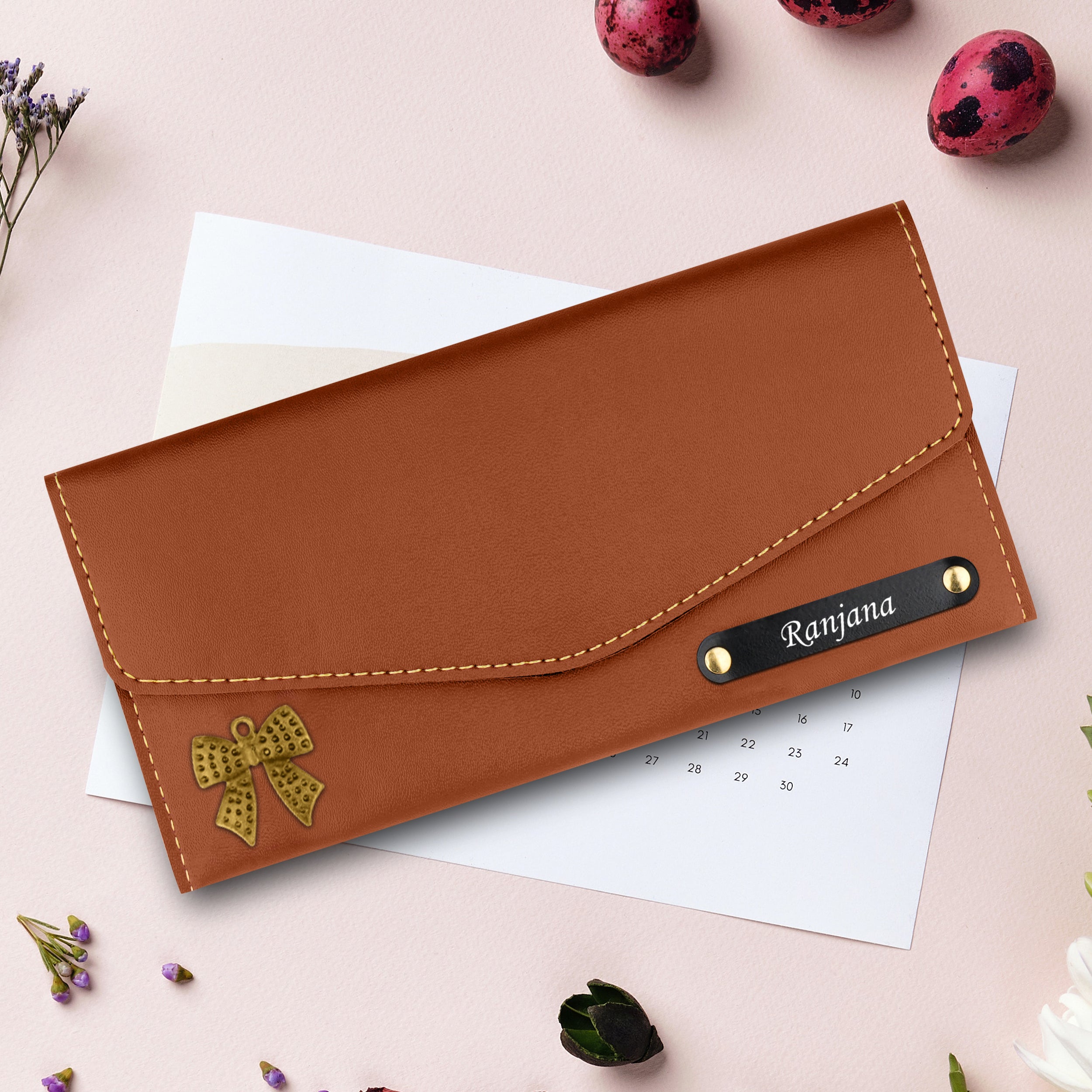 Personalized Charmed Essence Envelope Clutch With Name & Charm - Tan