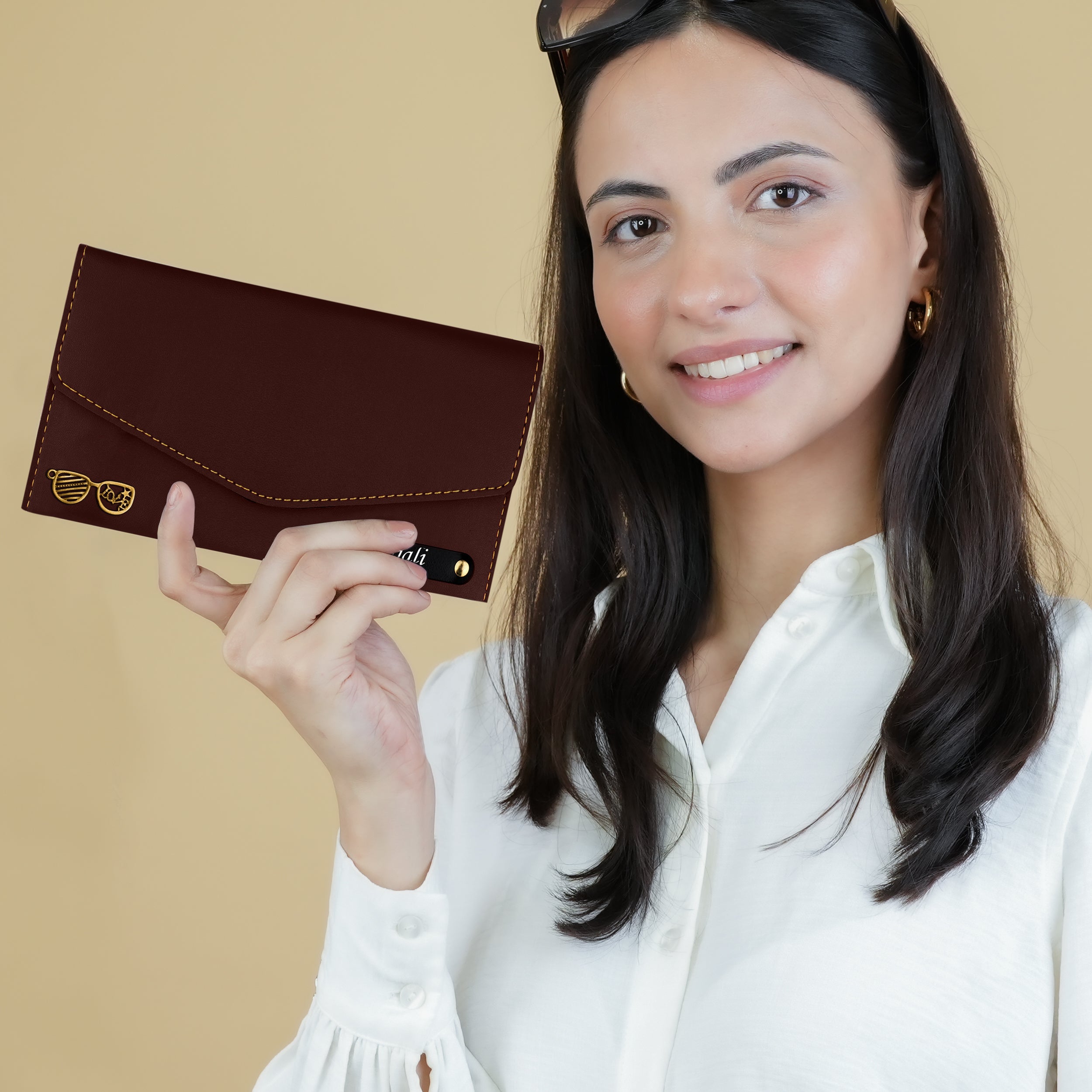 Personalized Charmed Essence Envelope Clutch With Name & Charm - Brown