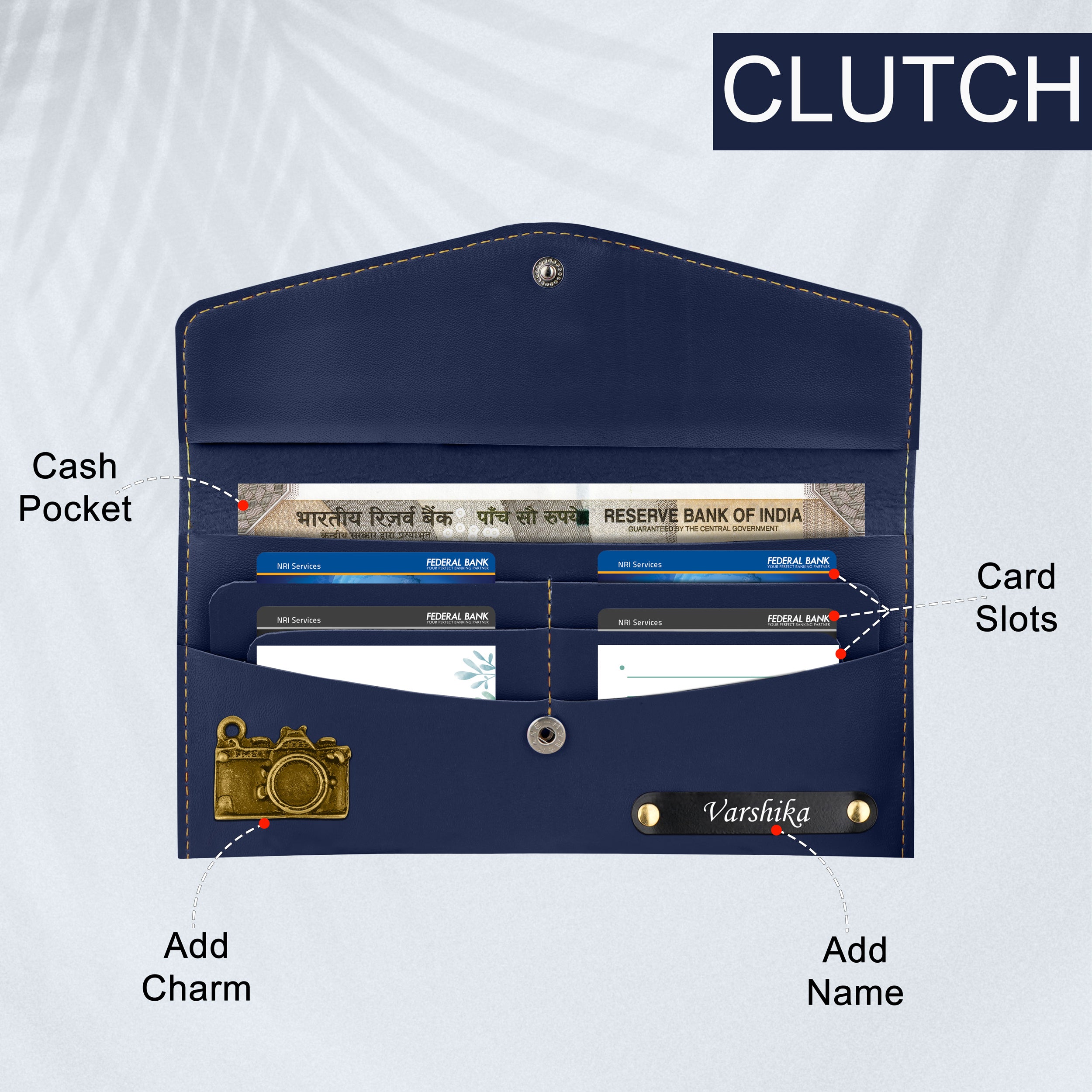 Personalized Charmed Essence Envelope Clutch With Name & Charm - Blue