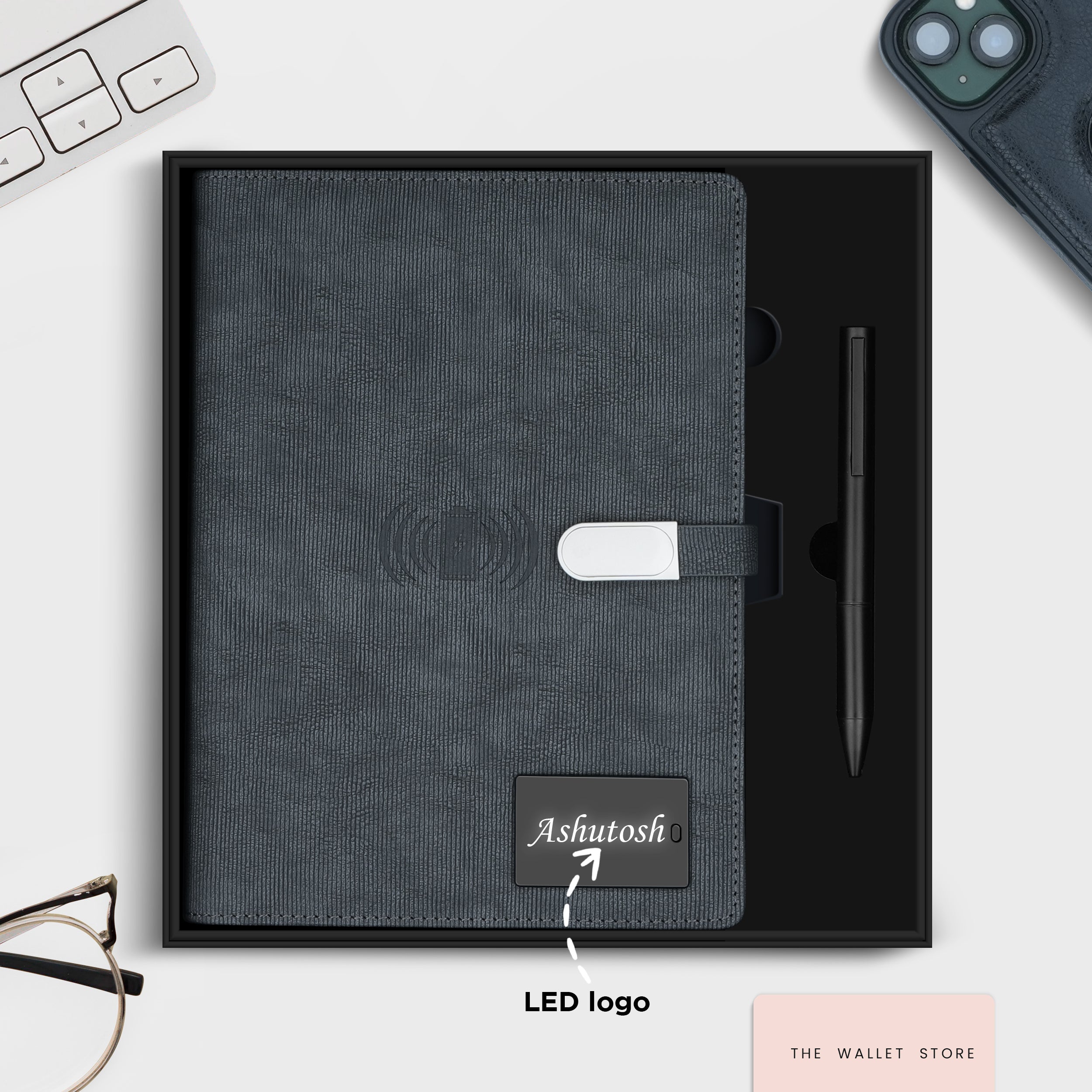 Personalized Diary & Pen Gift Set With Inbuilt LED light & Wireless Charging