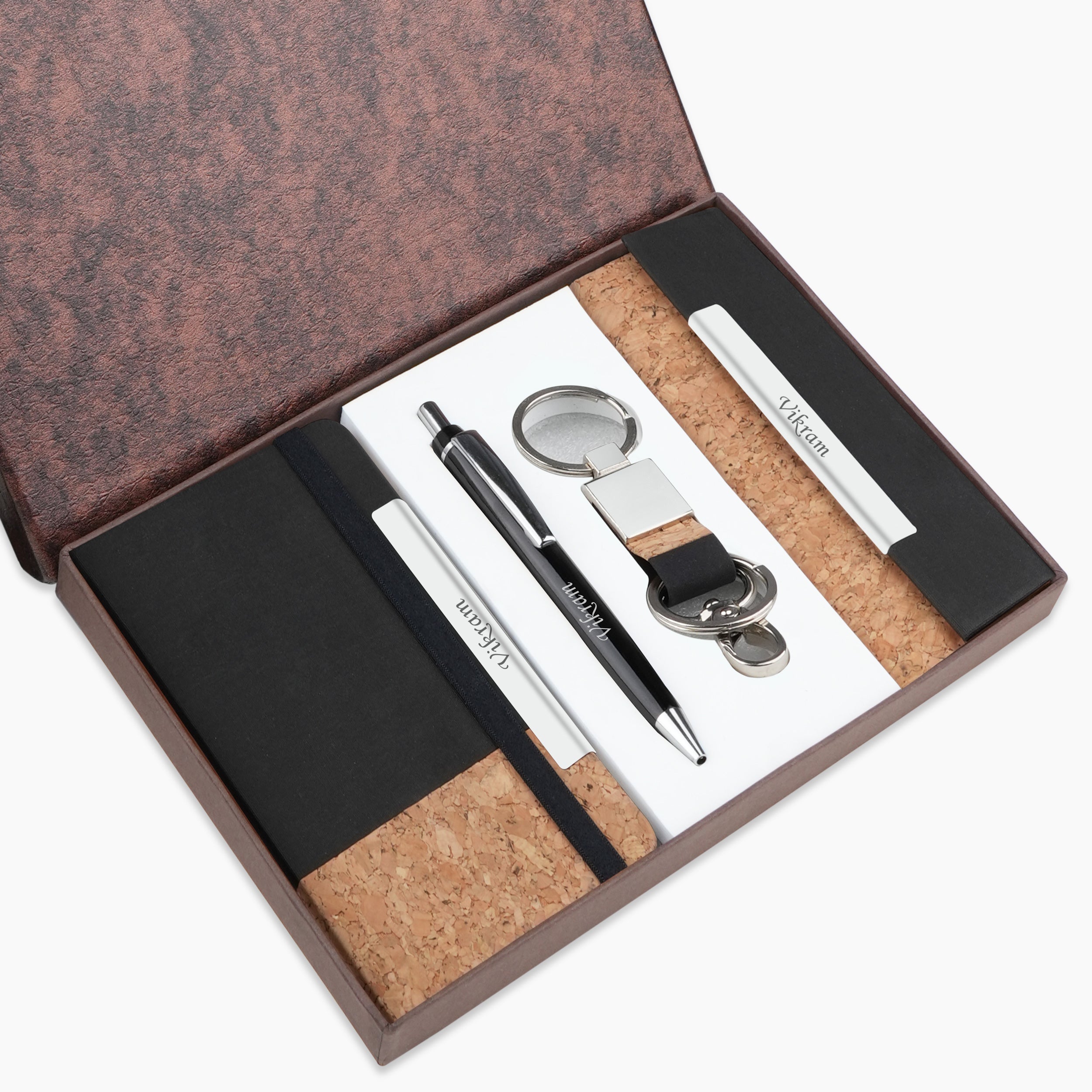 Personalized Dual-Tone Cork Mini Diary, Specs Case, Keychain & Pen Gift Set