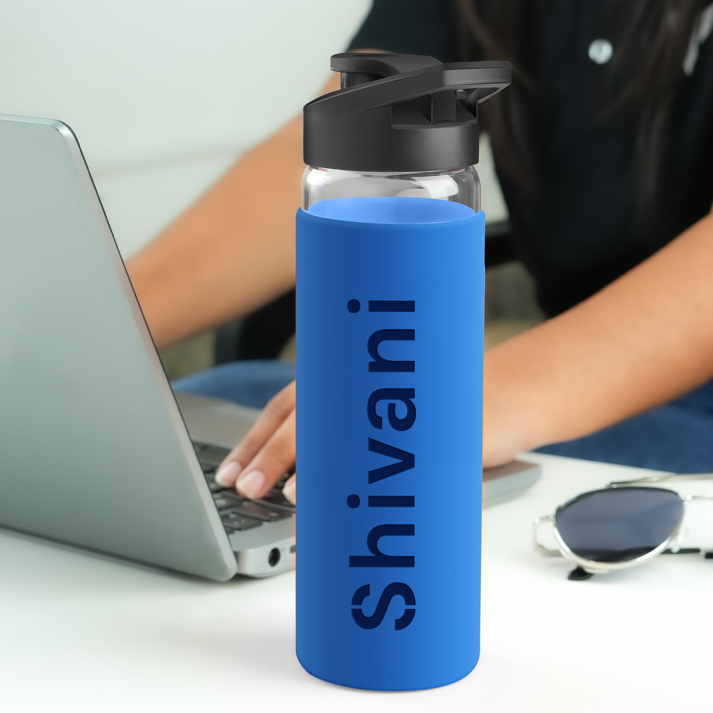 Personalized Pure Wrap Borosilicate Sipper Bottle - Blue