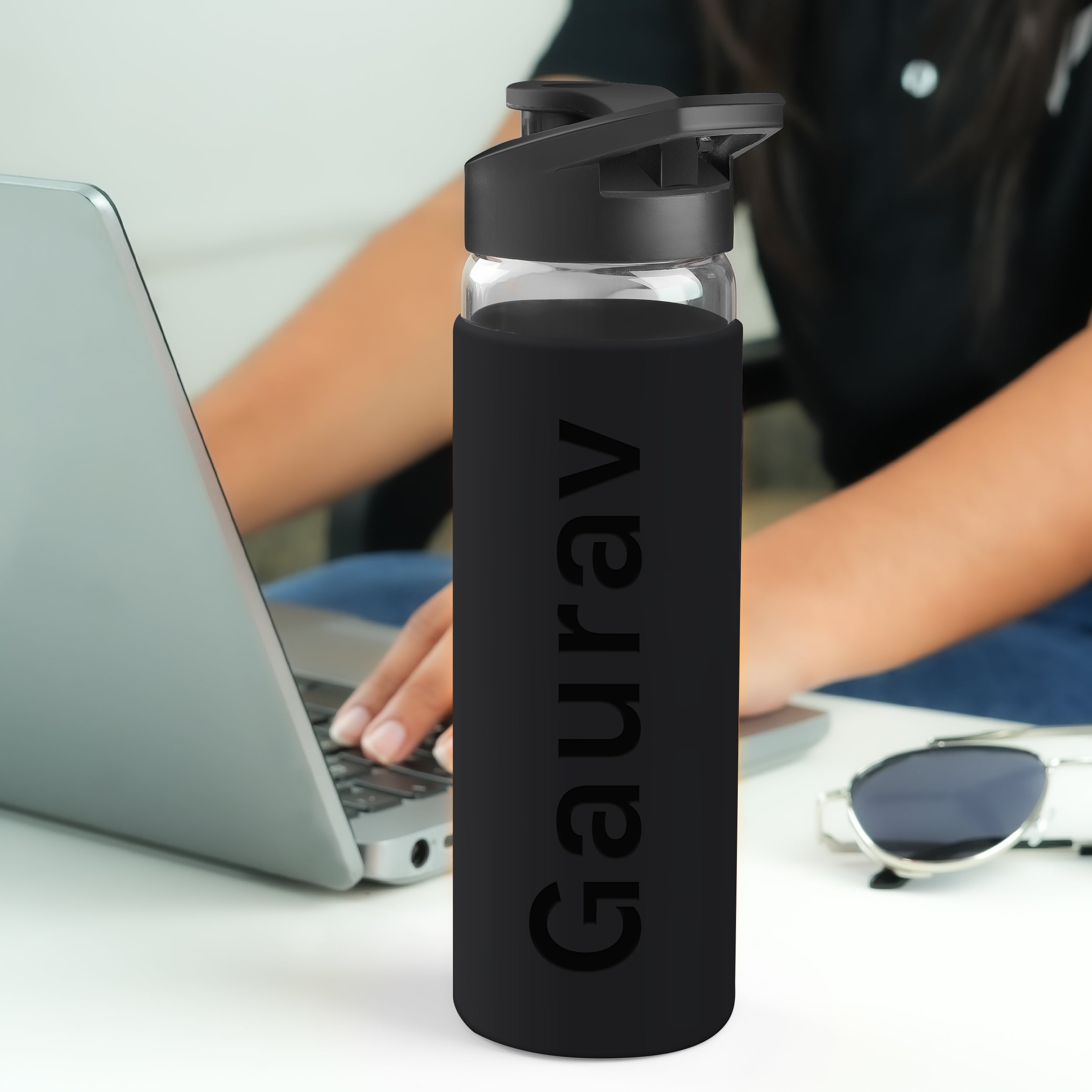 Personalized Pure Wrap Borosilicate Sipper Bottle - Black