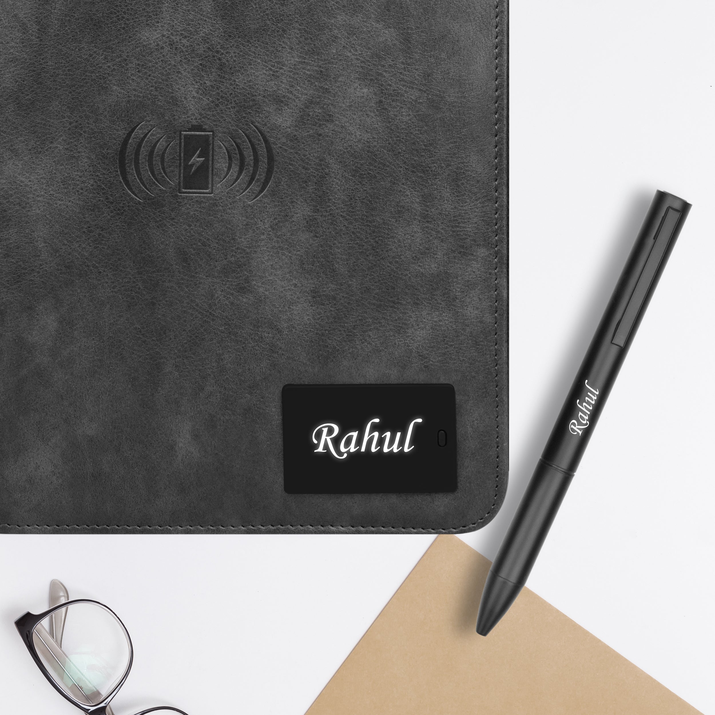 Personalized Zipper Diary & Pen Gift Set With Inbuilt LED Light & Wireless Charging