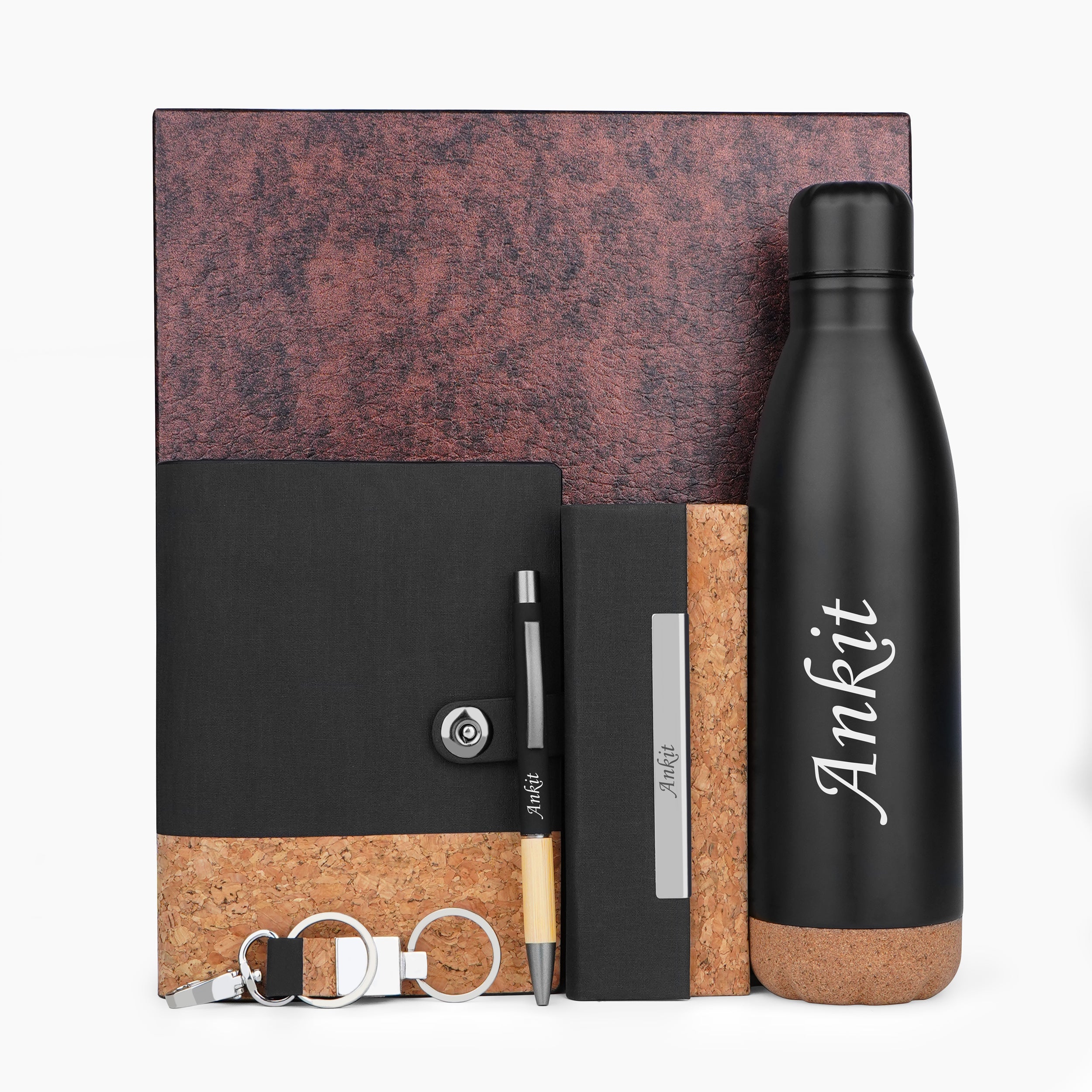 Personalized CorkMate Dual-Tone Diary, Bottle, Eyewear Case, Pen & Keychain Gift Set