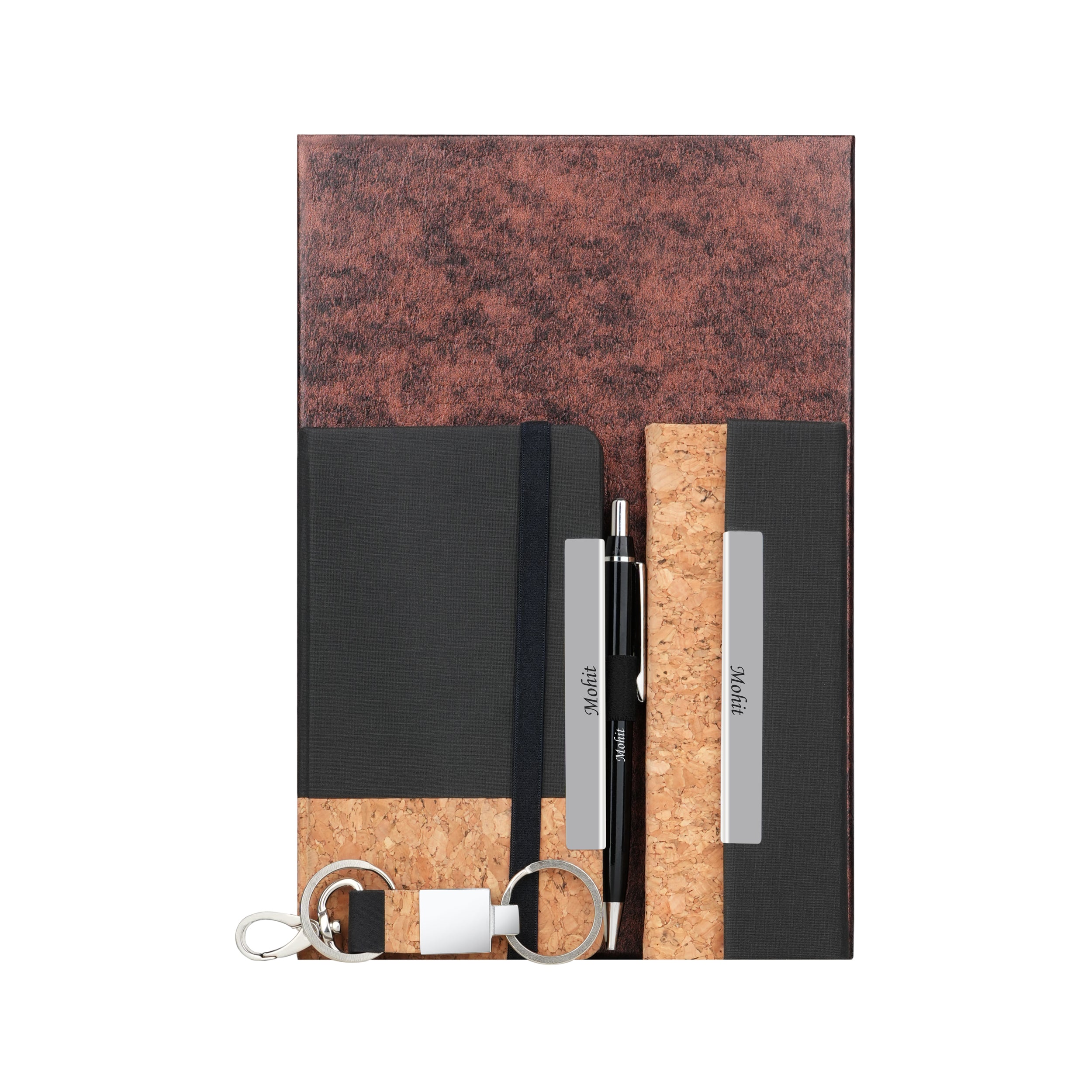 Personalized Dual-Tone Cork Mini Diary, Specs Case, Keychain & Pen Gift Set