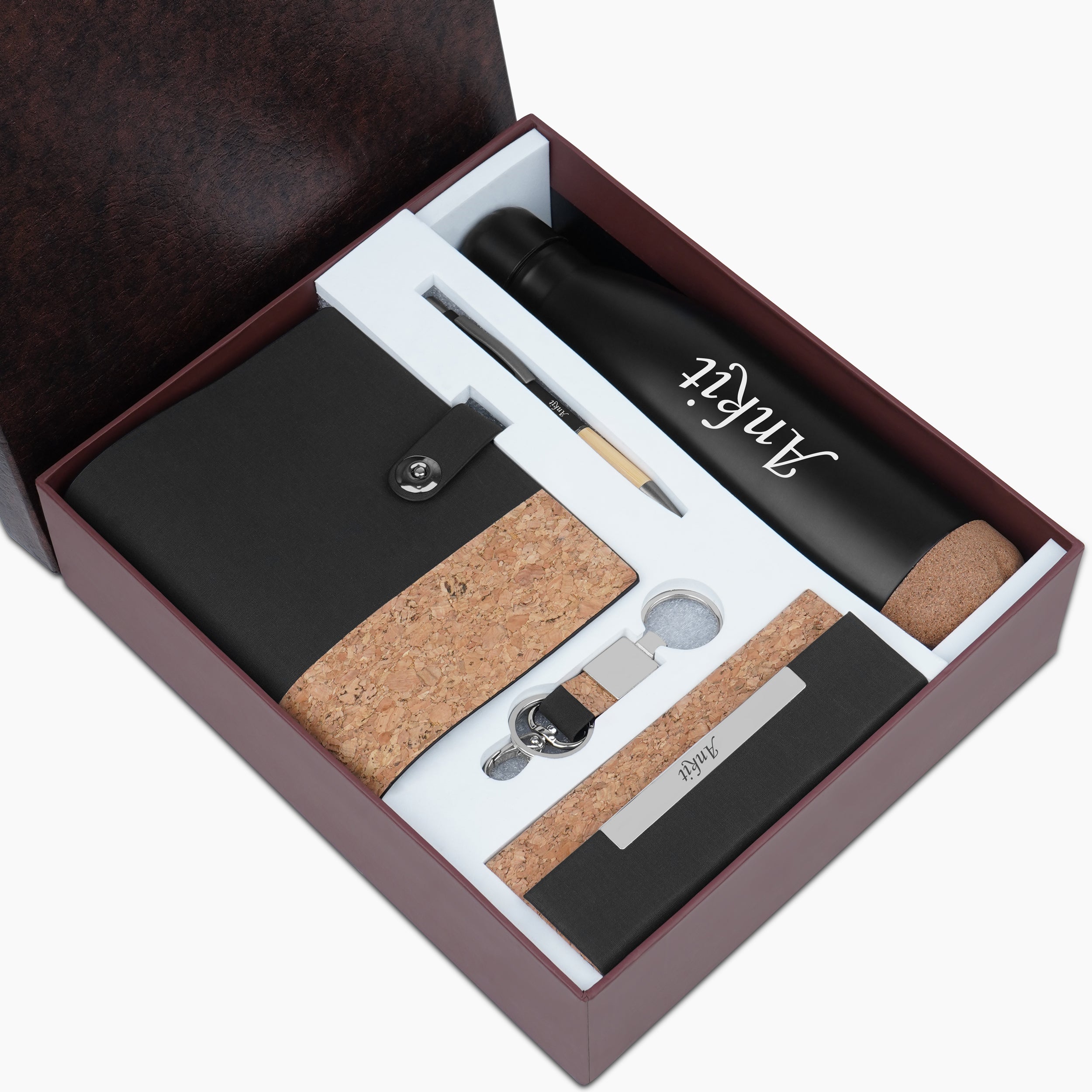 Personalized CorkMate Dual-Tone Diary, Bottle, Eyewear Case, Pen & Keychain Gift Set