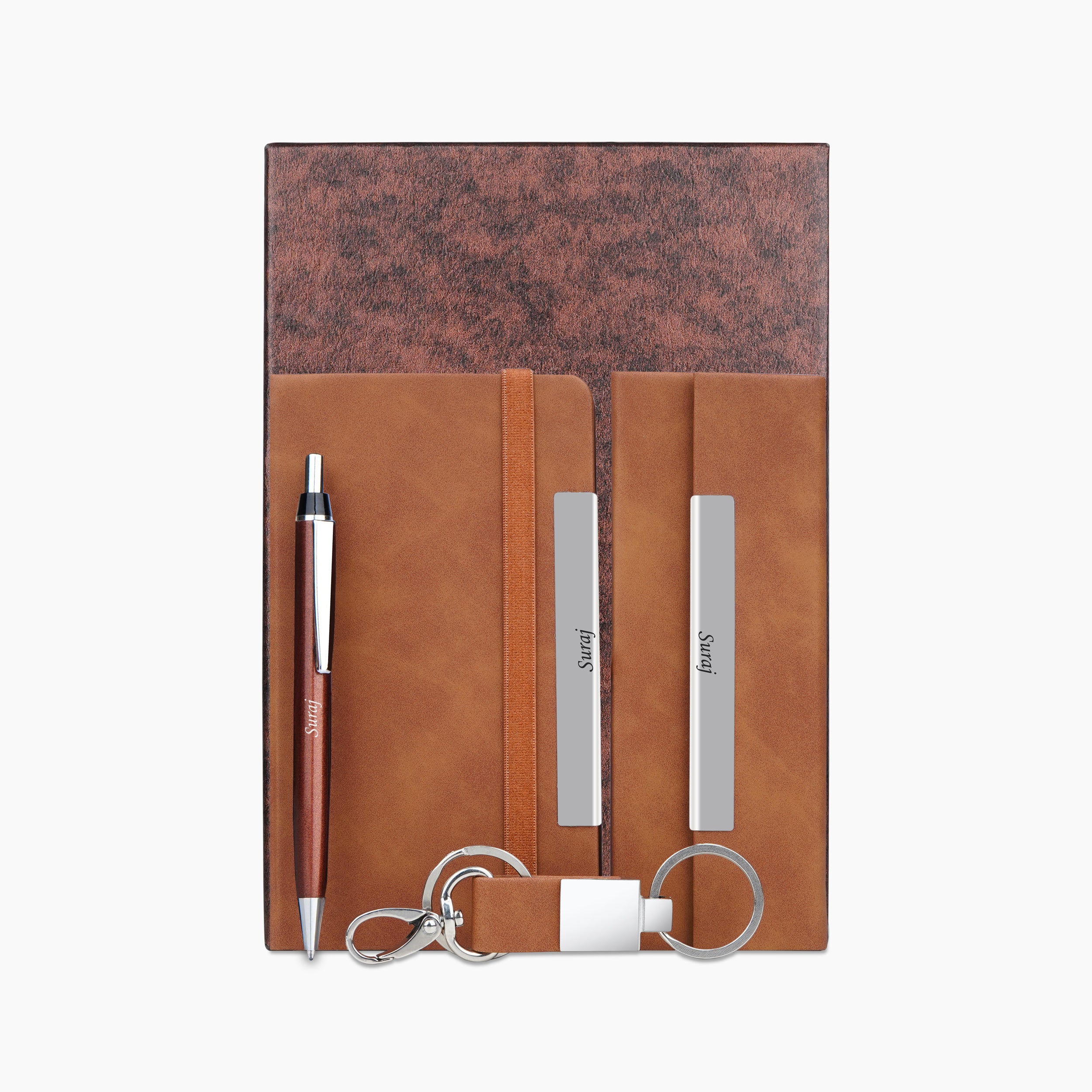 Personalized Suede Leather Mini Diary, Specs Case, Keychain & Pen Gift Set