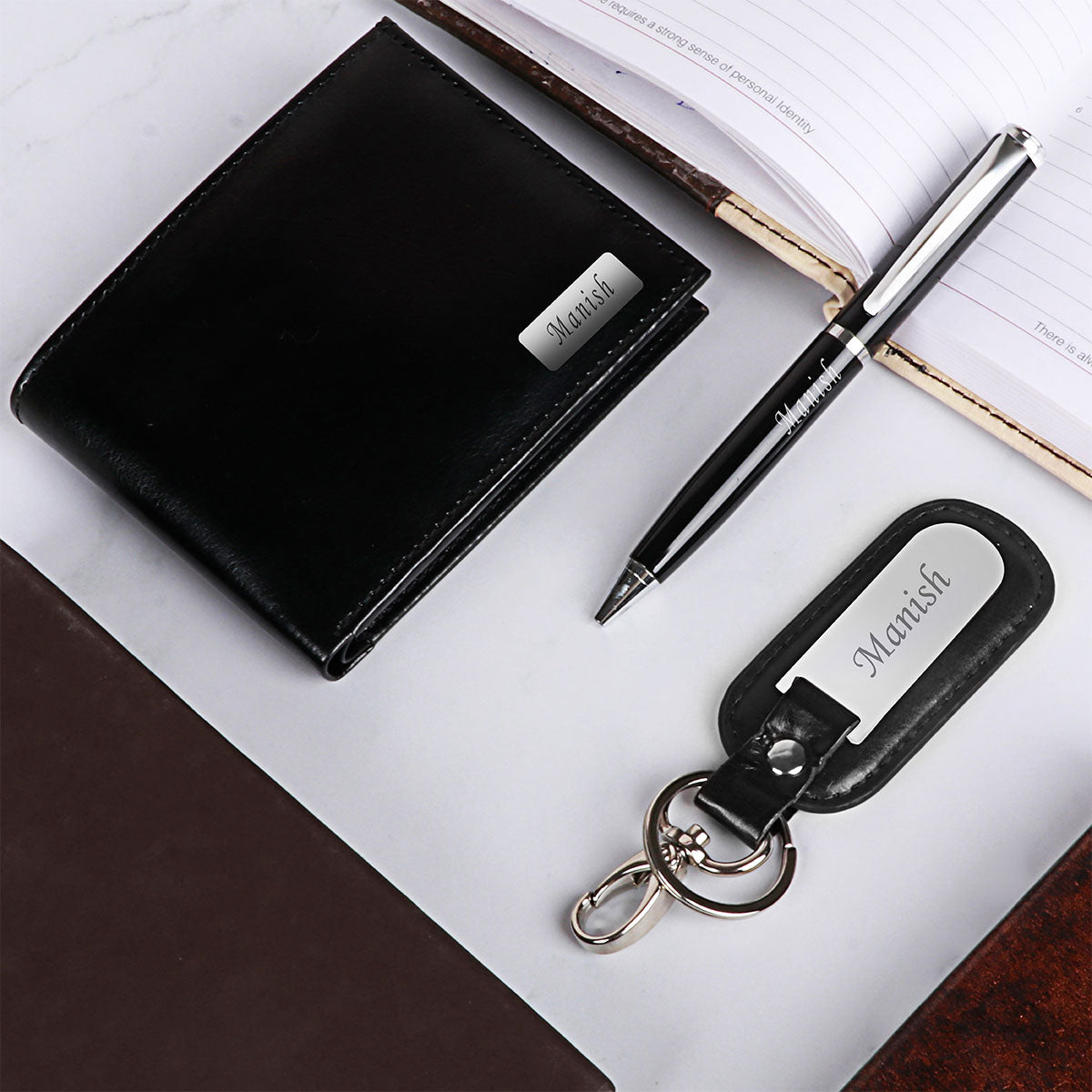 Personalized Wallet Pen & Keychain Combo Black Color